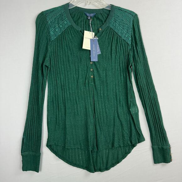 Lucky Brand Tops - Lucky Brand Embroidered Button Henley Top Women’s XS Green NWT